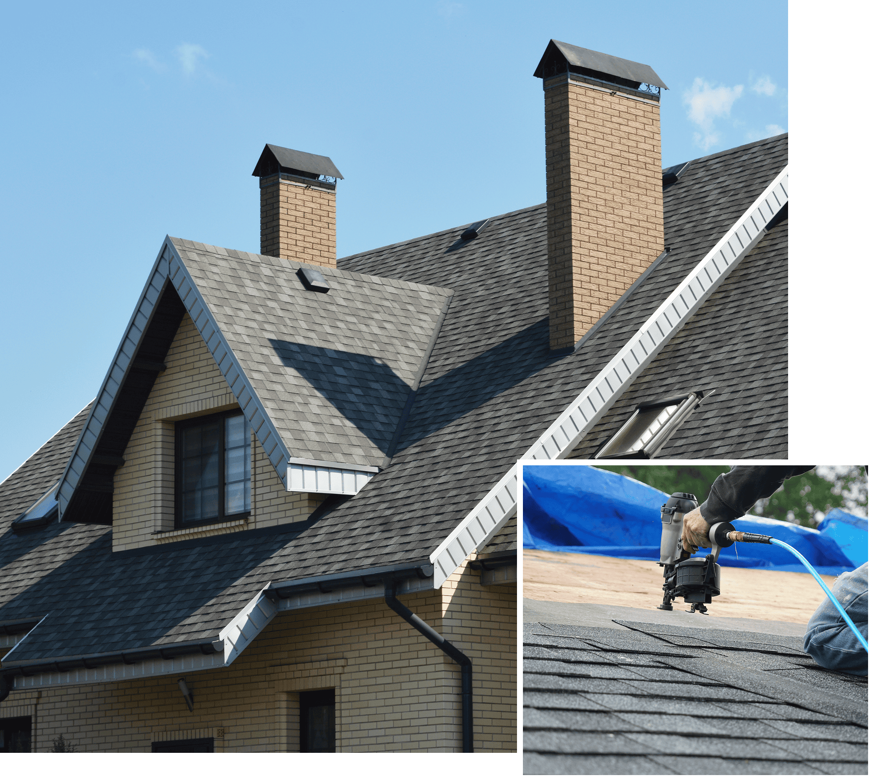 House with a roof that has been recently installed, with a chimney and a blue tarp covering it