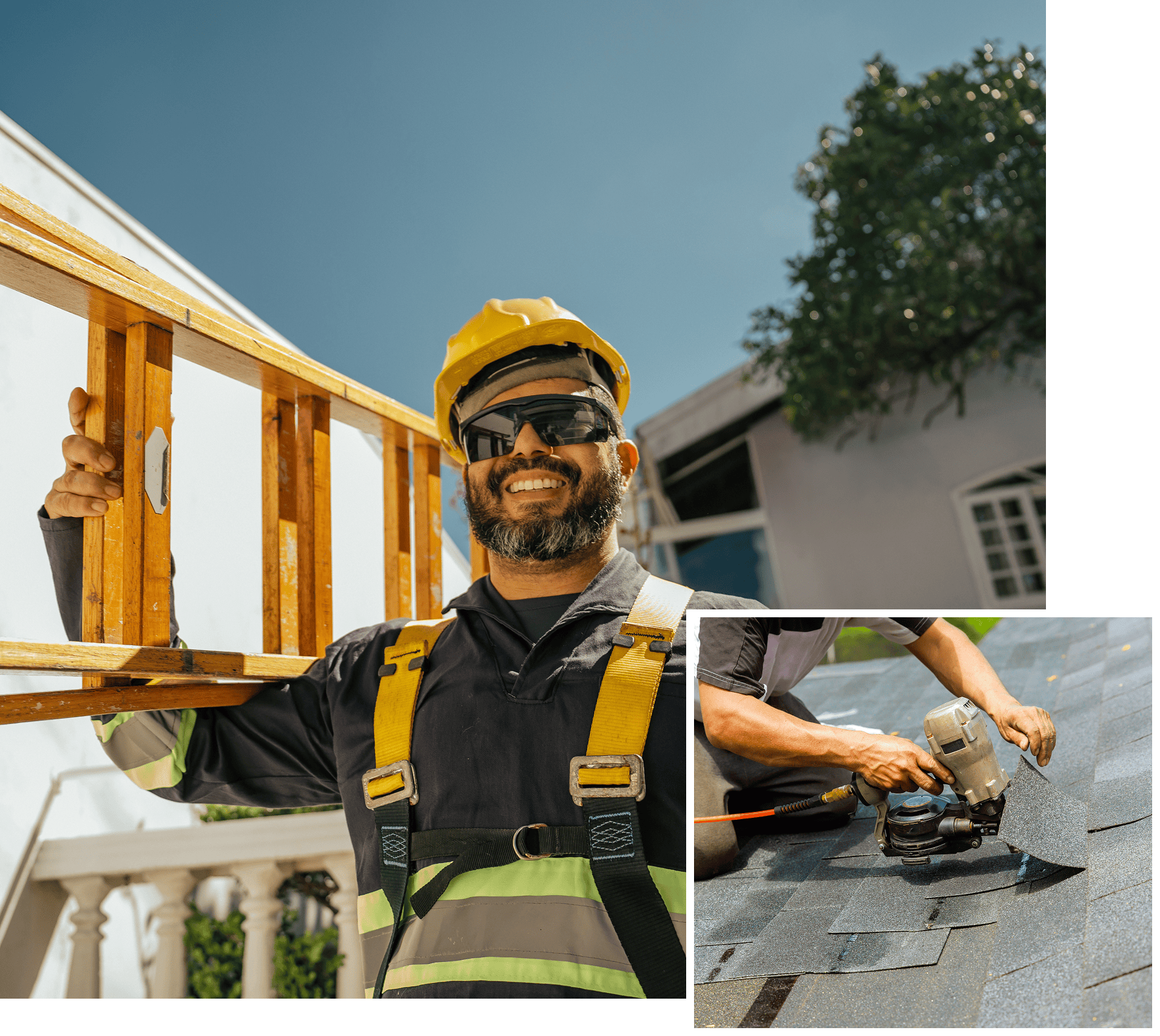 Roofer smiling, carrying ladder, with worker